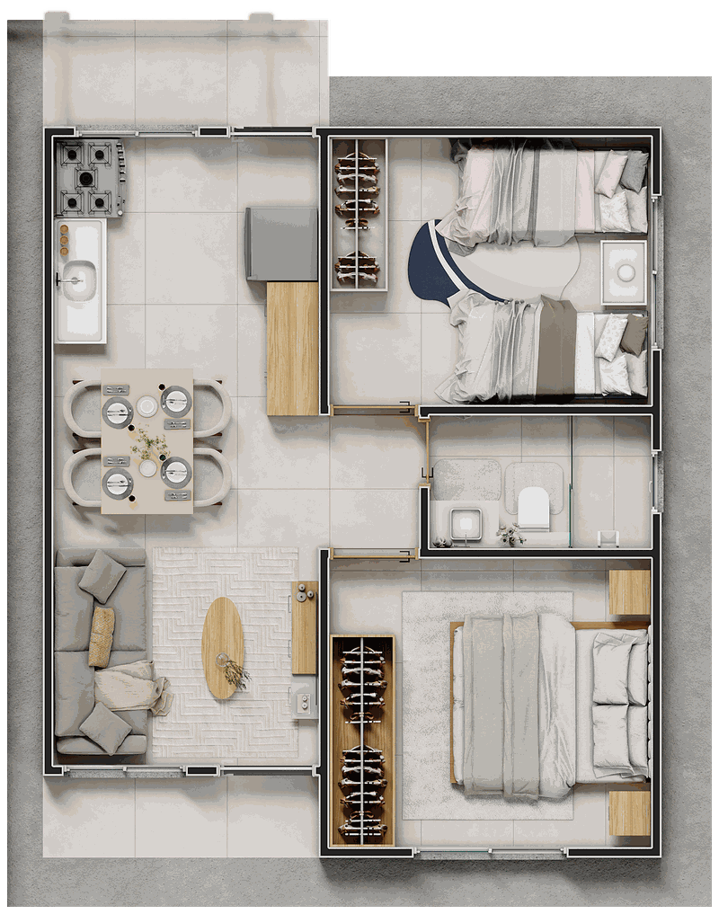 Planta da casa: sala e cozinha integradas, dois quartos e um banheiro